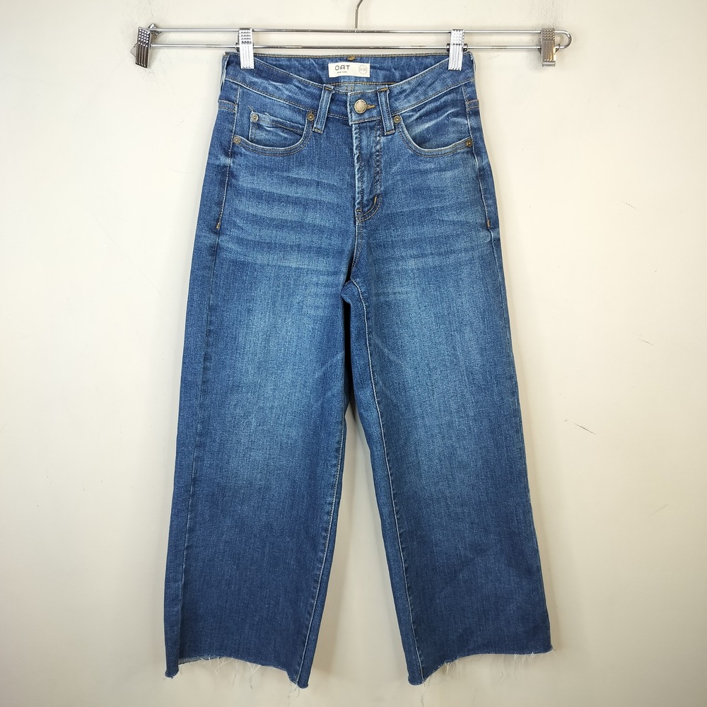 OAT New York Wide Leg Crop Jeans 0/25 Raw Hem High Waist Blue Stretch